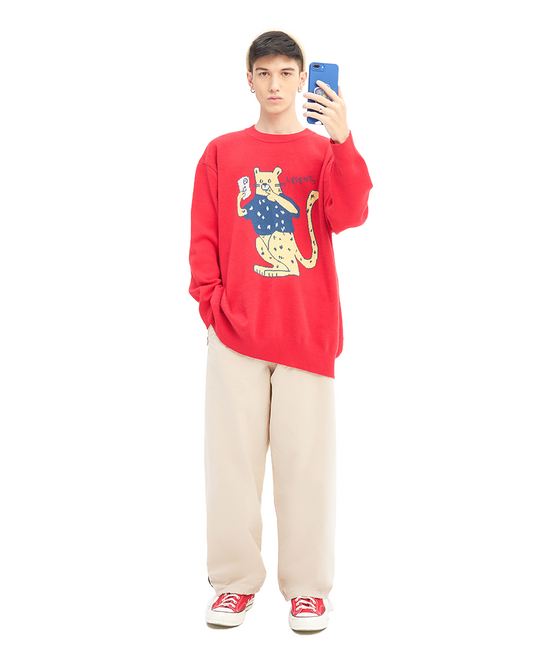 Levents® "My Animals" Series Panther Knit Sweater/ Red